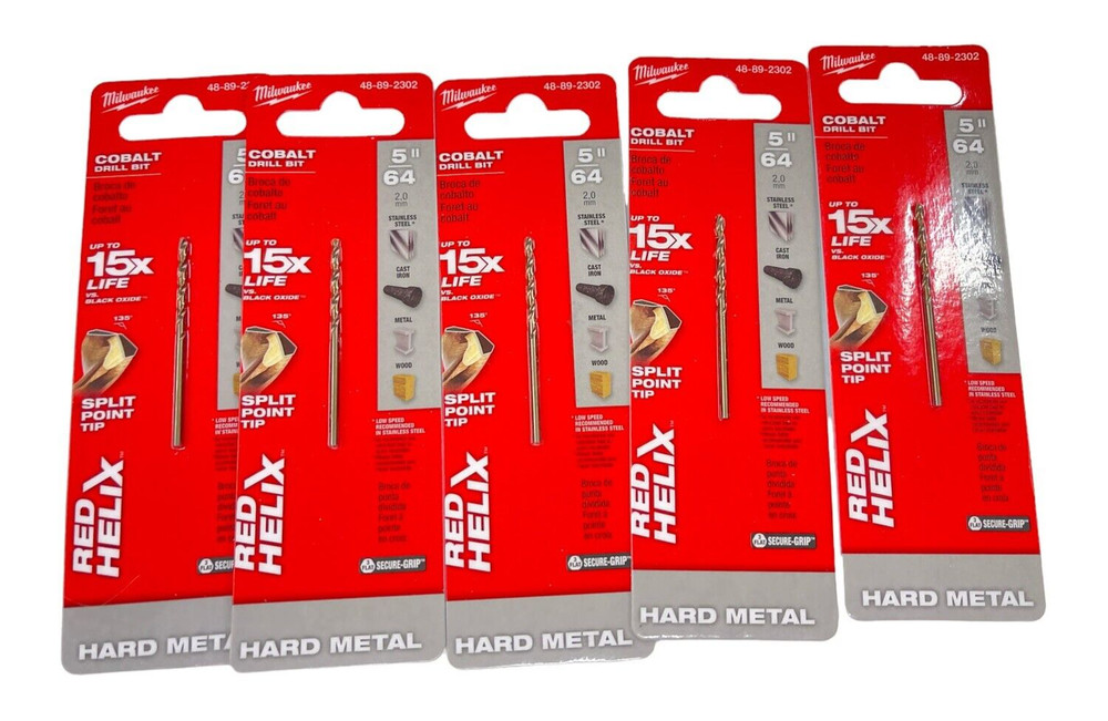 5 Pack Milwaukee 5/64” Cobalt Drill Bits Red Helix Split Point Tips 48-89-2302