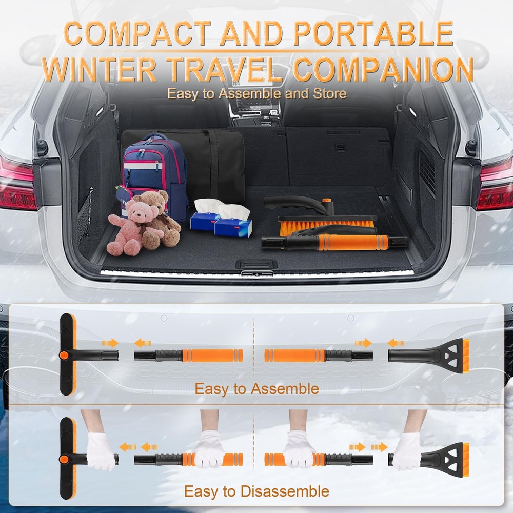 Ice Scraper & Snow Brush 32 Extendable 360 Rotating Orange LivTee Windshield