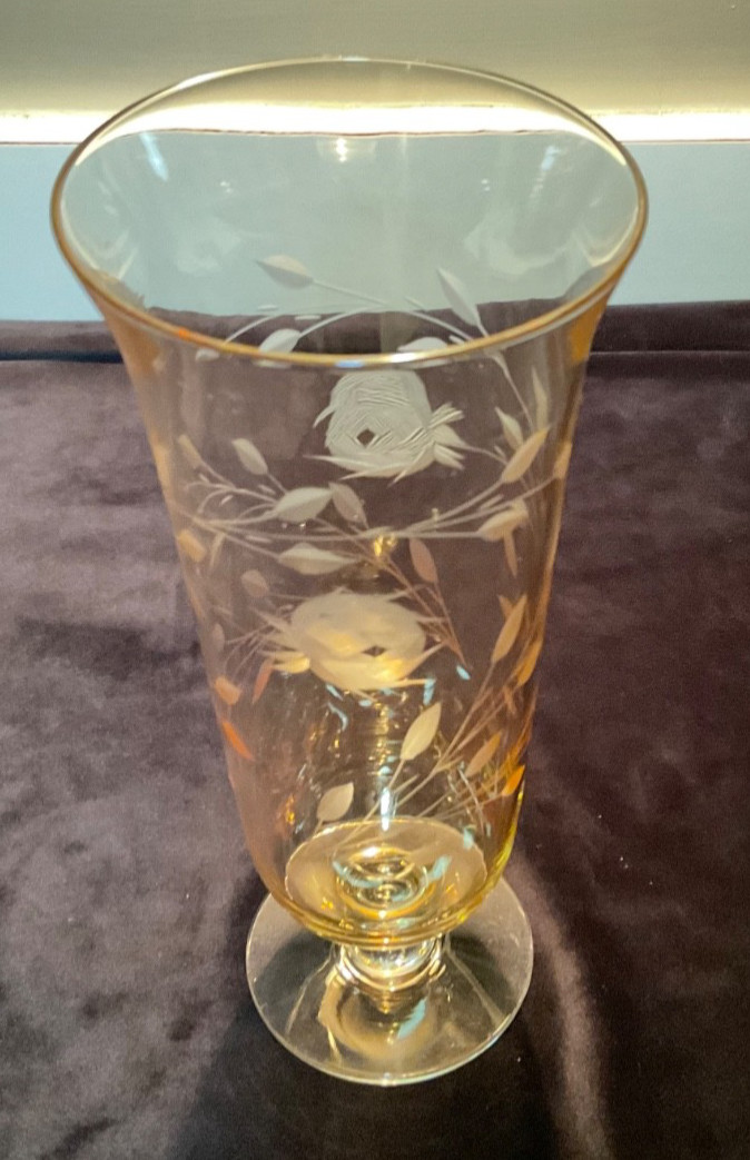 Vintage Amber Etched Art Glass Footed Vase. Vines and Flowers. 10”