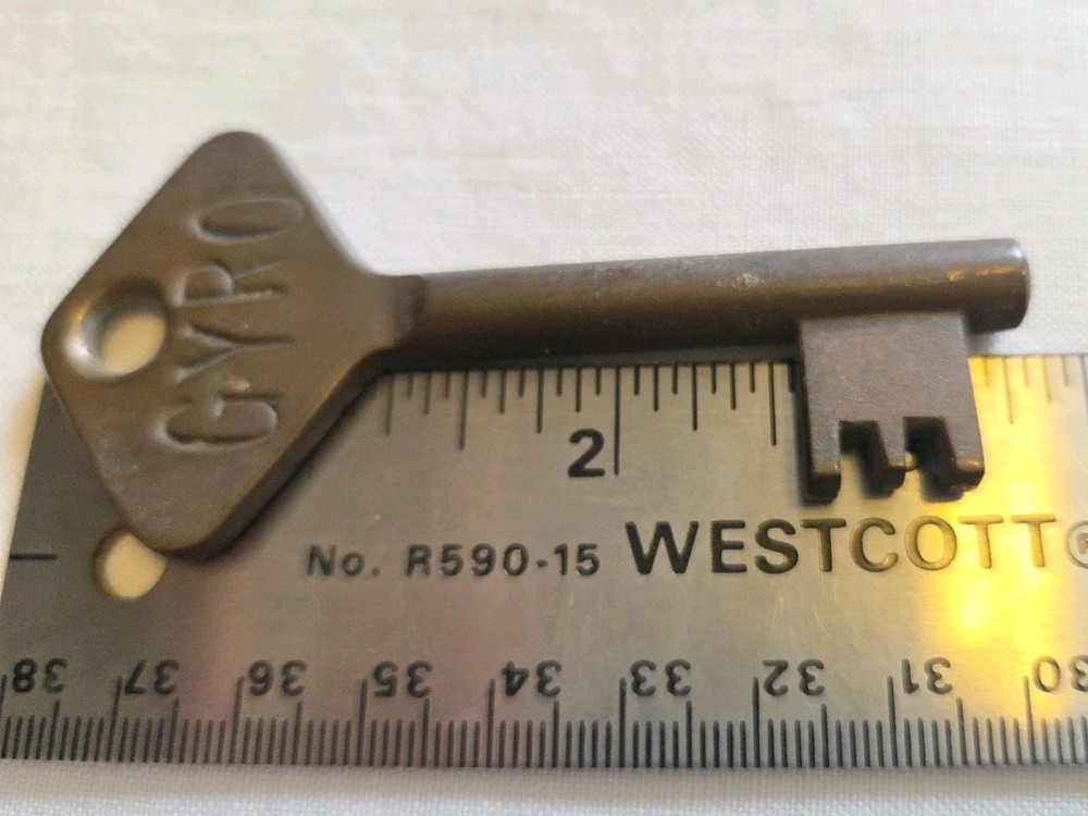 Solid Brass Skeleton Key Thick Barrel Marked GYRO Diamond Head Security Cabinet