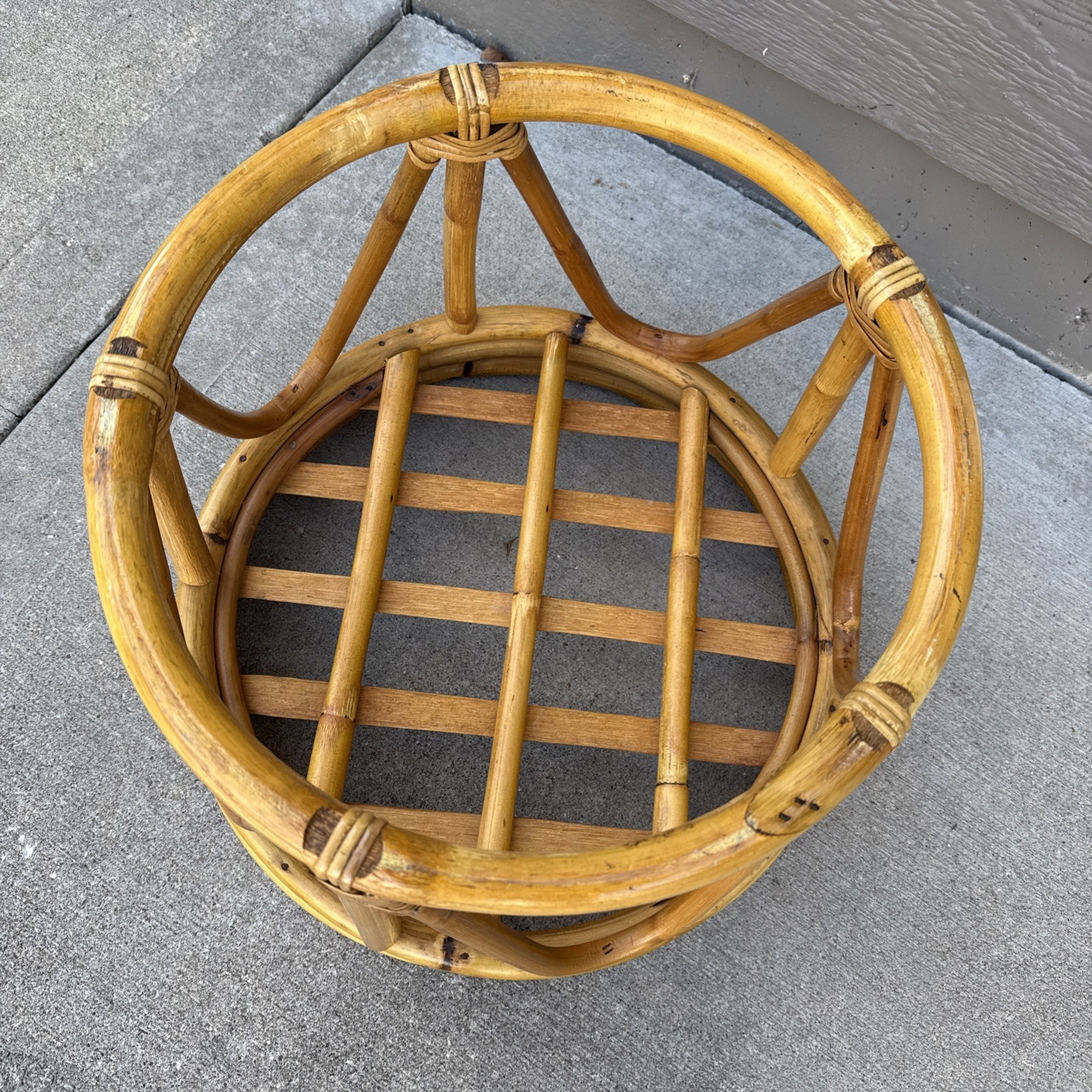 Vintage Rattan Bamboo Ottoman Base Boho Mid-Century Round Stool Plant Stand Bent