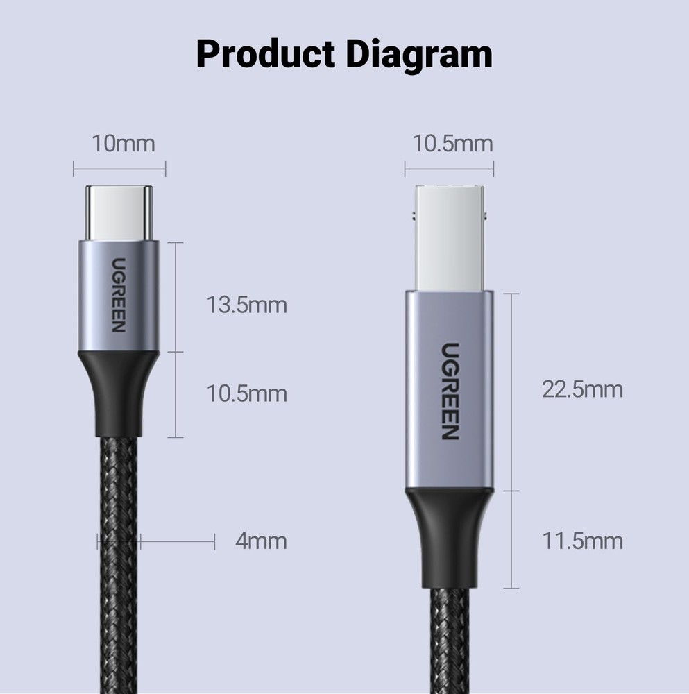 UGREEN USB B to C Printer Cable 3 FT, Nylon B USBC 3 Silver