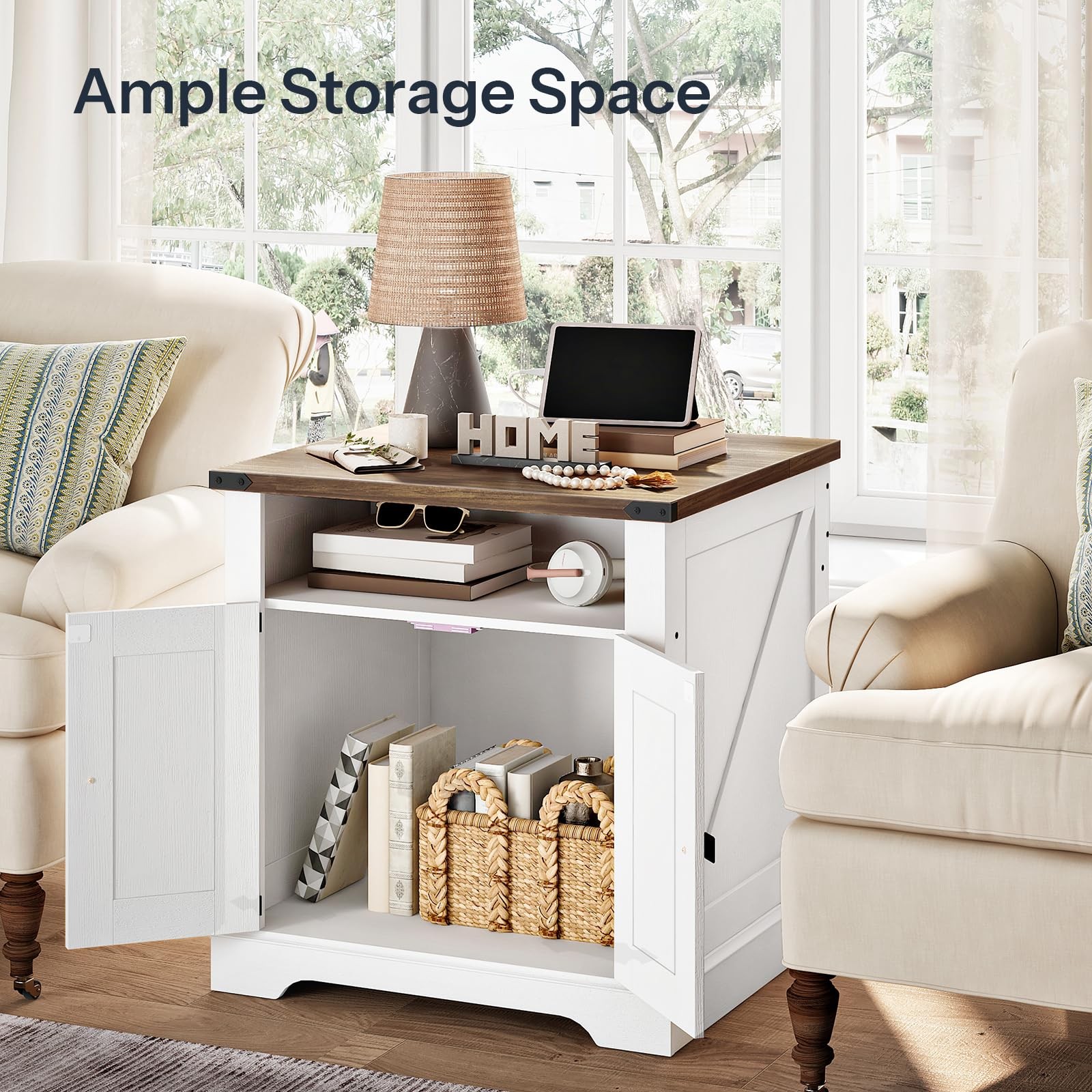 Farmhouse End Table with Charging Station Barn Door Flip Top