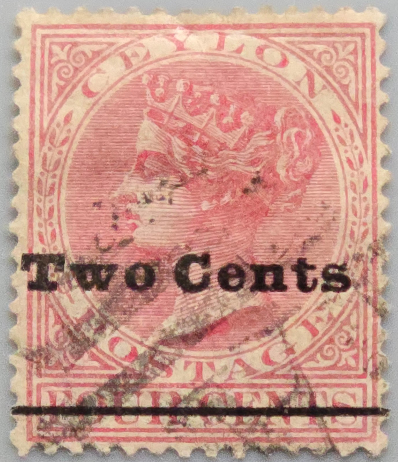 Ceylon QV "Two Cents" Surcharge on 4c Rose Used Victorian - Faults/Space Filler