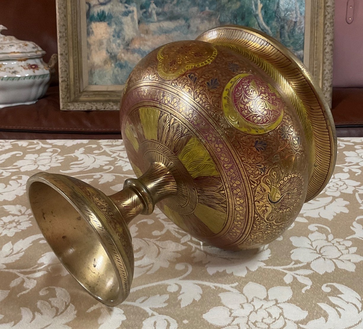 Etched Brass Pedestal Bowl Urn Peacock Floral Motif 7.3lb Ornate Centerpiece