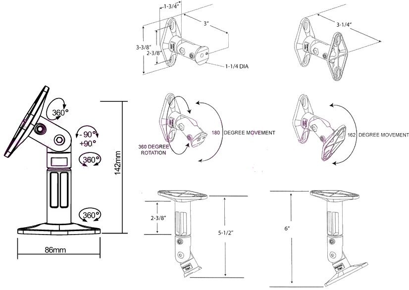 4 Pcs White Universal Wall or Ceiling Satellite Speaker Mount Bracket fits Bose