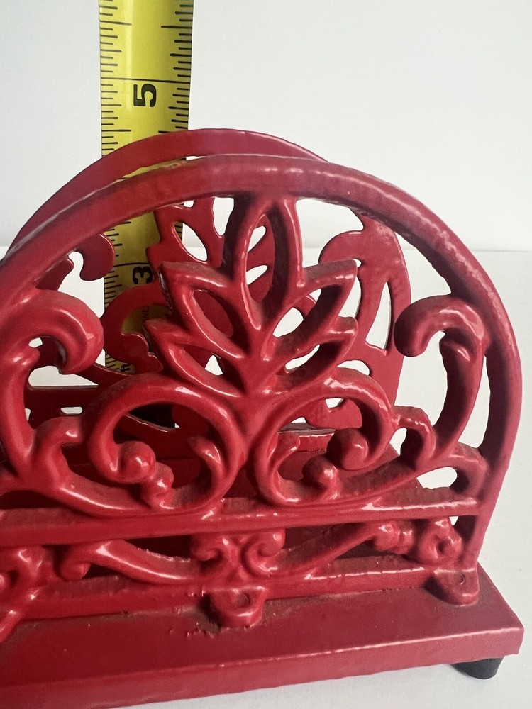 Red Enameled Solid Cast Iron Rounded Napkin Holder and Spoon Rest Set