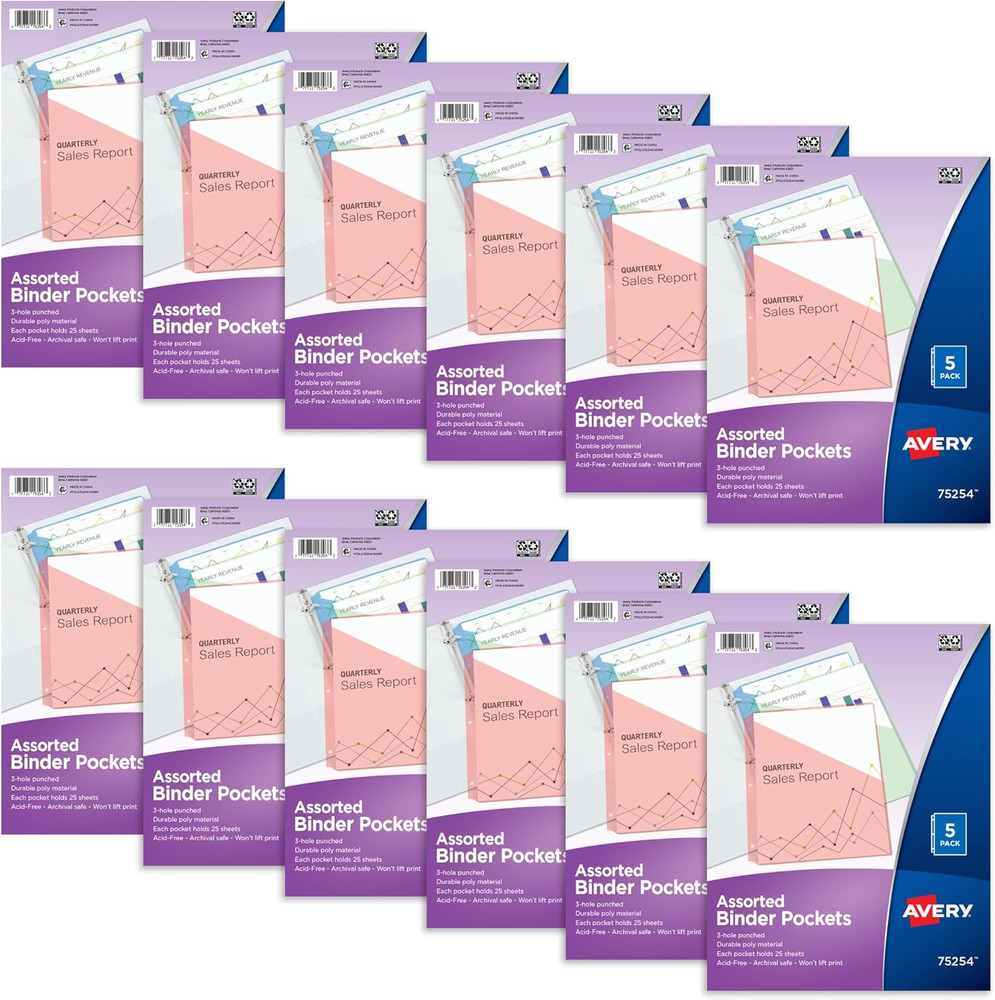Binder Pockets for 3 Ring Binders, Assorted Colors, for 8.5" X 11" Documents, Ac