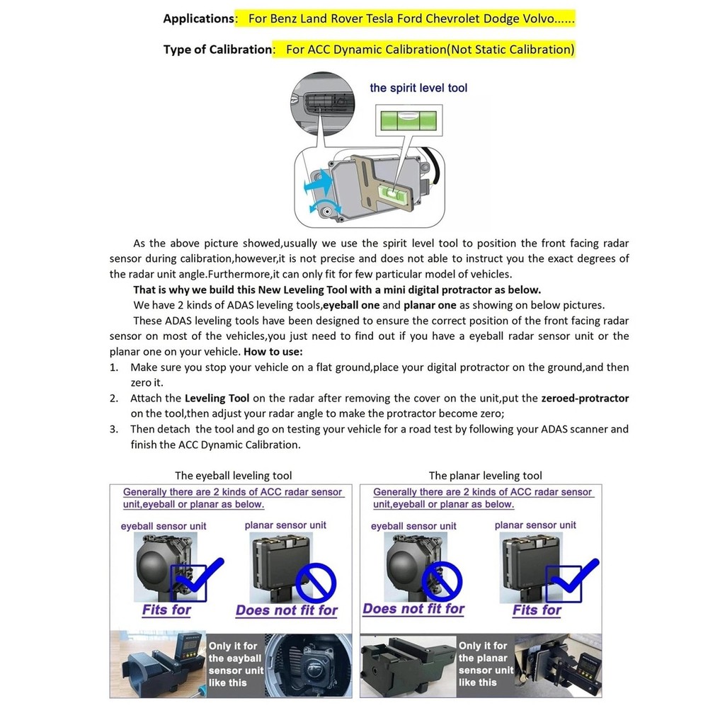 ADAS Calibration Dynamic Acc Positioning Tool for Planar Unit, Angle Leveling...