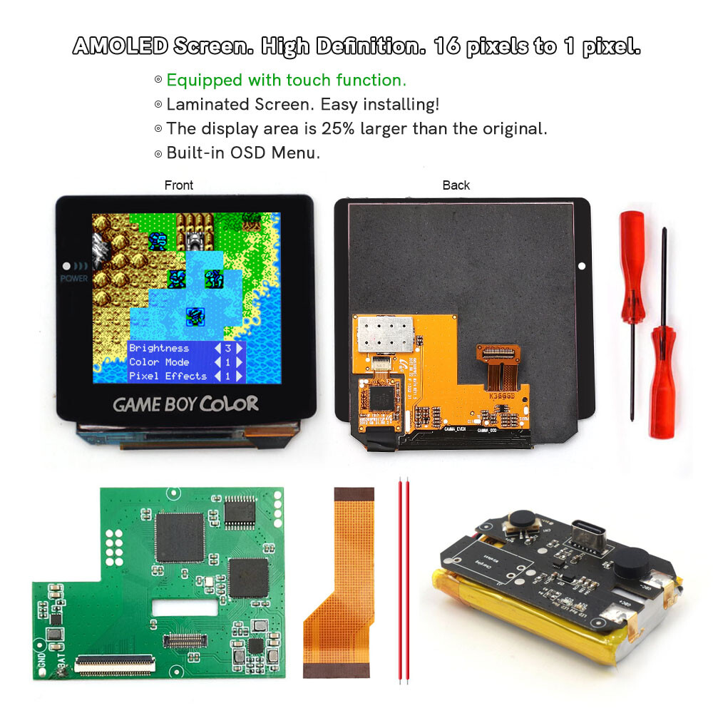 Touch Laminated OLED Screen AMOLED Screen+Pre-cut Case W/1500mAh Battery For GBC