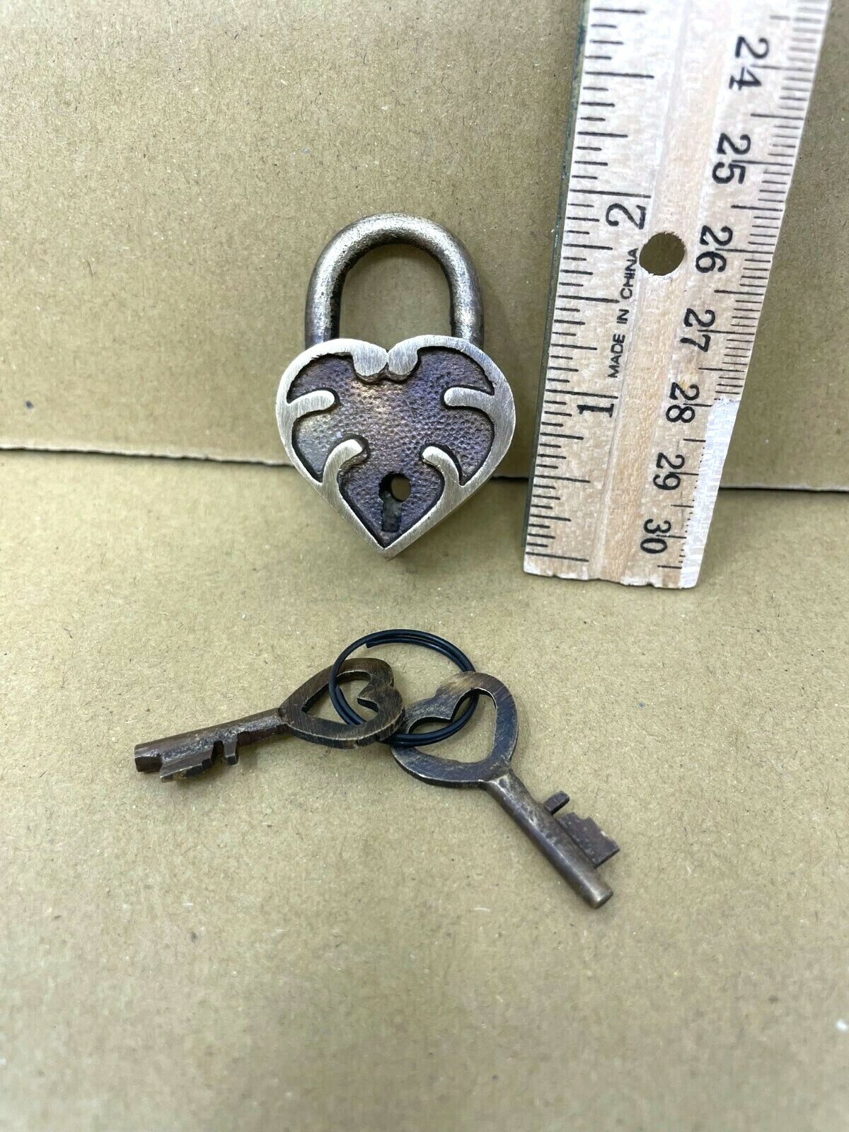 Padlock Small Victorian Heart Shaped Brass Lock, Antique Finish with 2 Keys