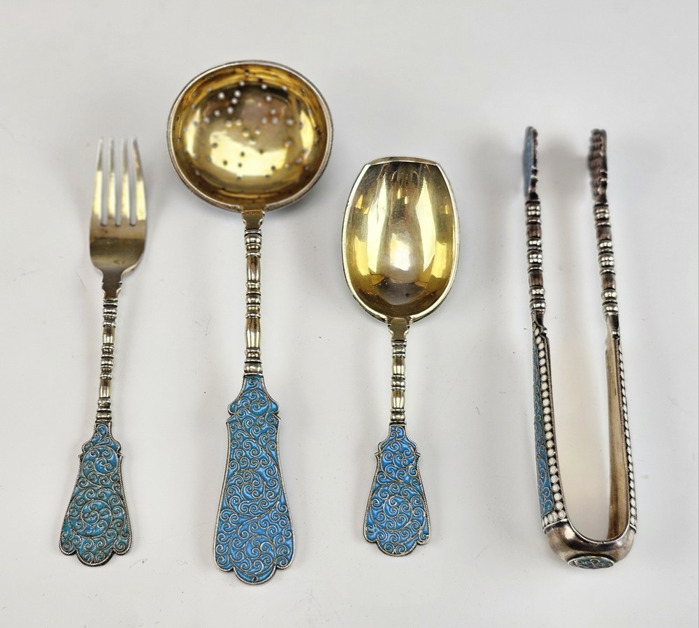 19C Russian Silver Enamel Serving Tea Set Box