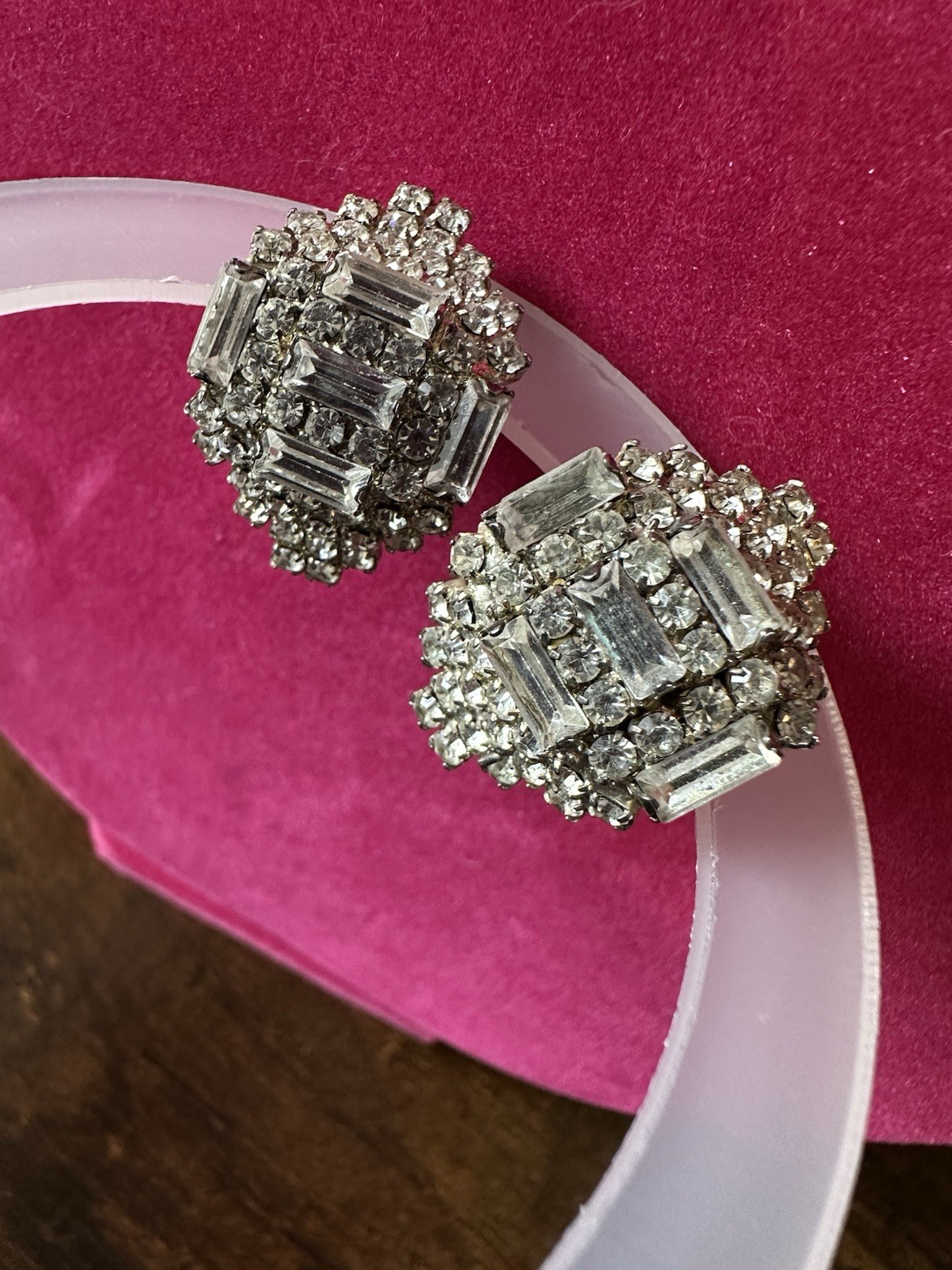 Vintage 1990s LORD & TAYLOR Clear Rhinestone Clip On Earrings Domed Shape