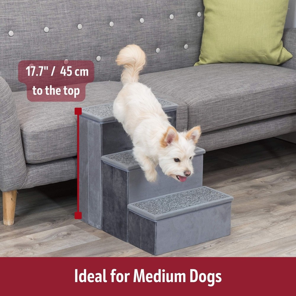 3-Step Foldable Velour Pet Stairs W/ Storage Gray
