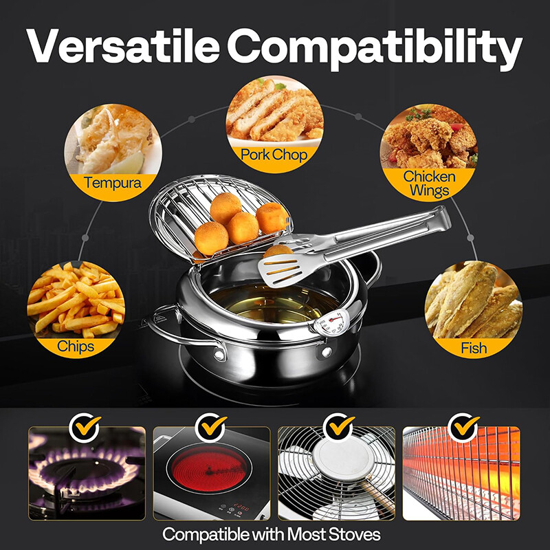 Japanese Style Deep Fryer Pot Stainless Steel with Tong Thermometer Oil Drainer