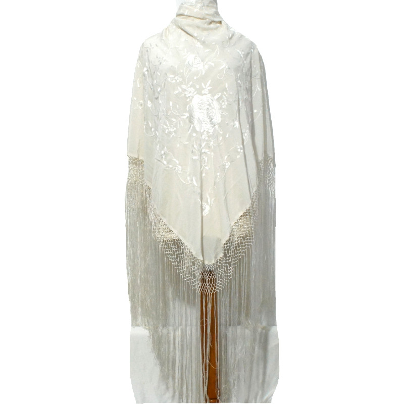 Antique Silk Shawl Wrap Piano Scarf HAND EMBROIDERED FLORAL WITH FRINGE.