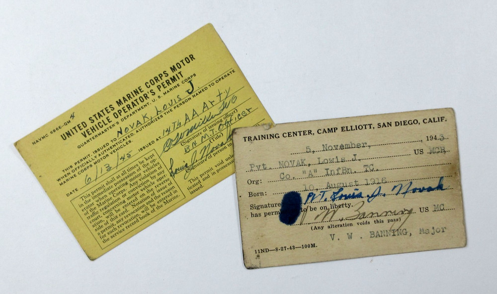 WWII USMC Marine Corps Vehicle Operators Permit and Camp Elliott Pass 1943-45