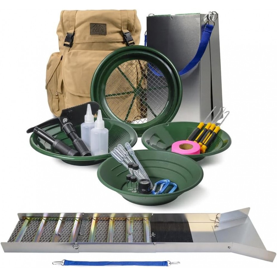 ASR Outdoor 24pc Complete Gold Prospecting Backpack Kit with Folding Sluice Box