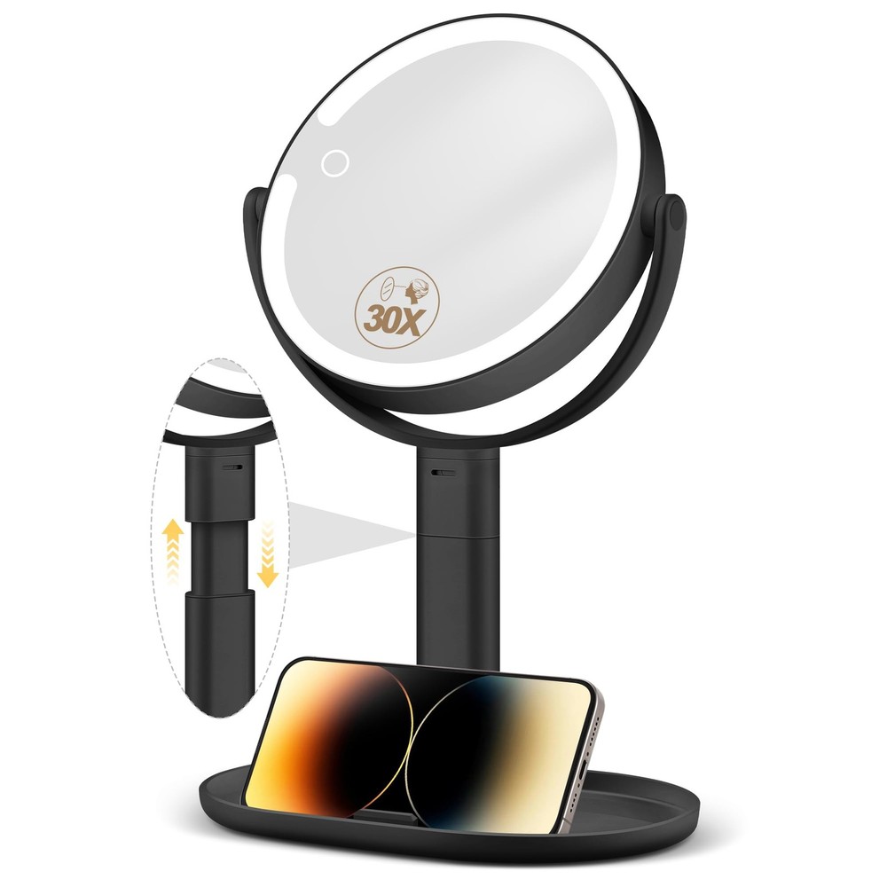 Makeup Mirror Lights 30X Magnifying Height Adjustable 3 Light Modes Dimming Blk