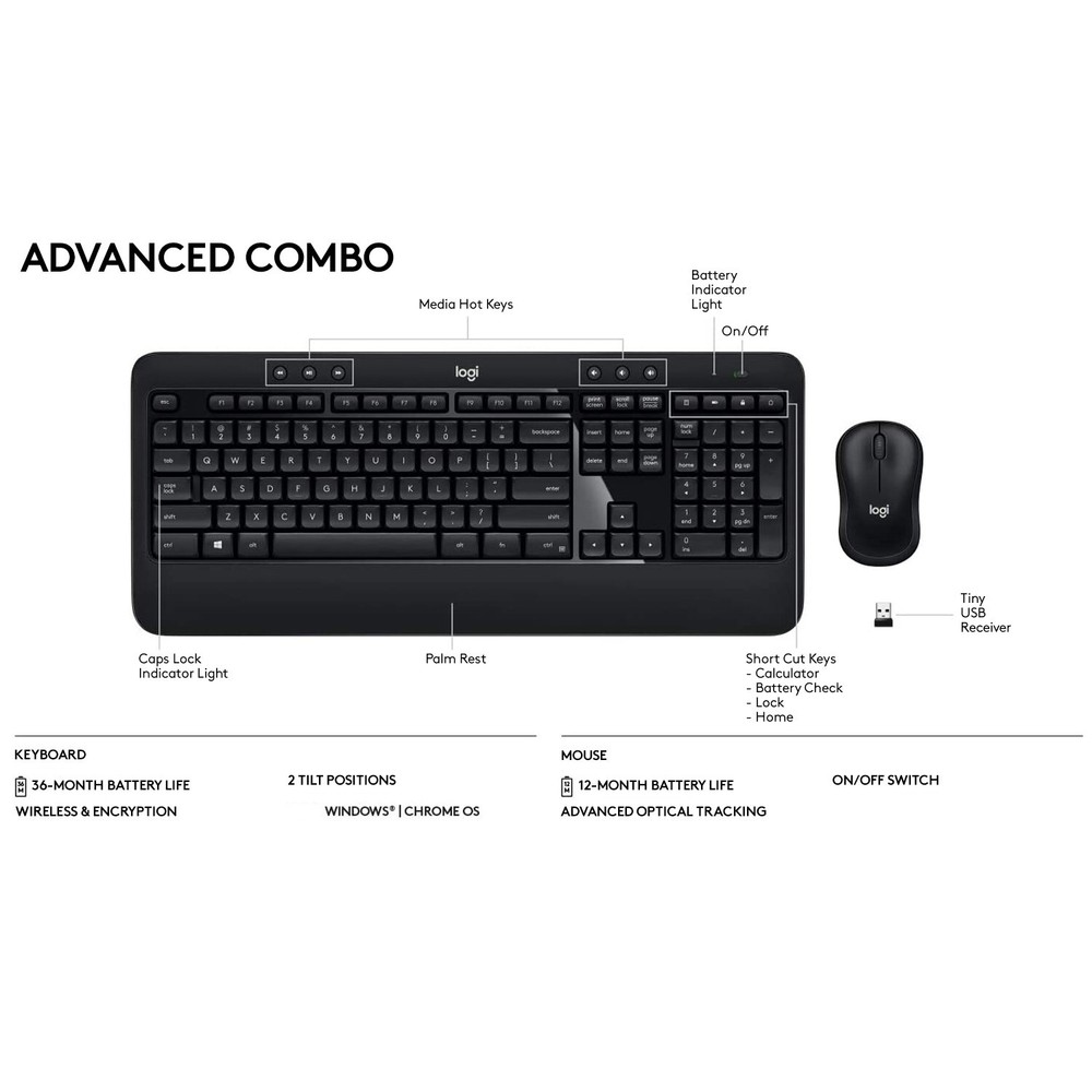 Logitech Advanced Combo Wireless Keyboard and Mouse, Black