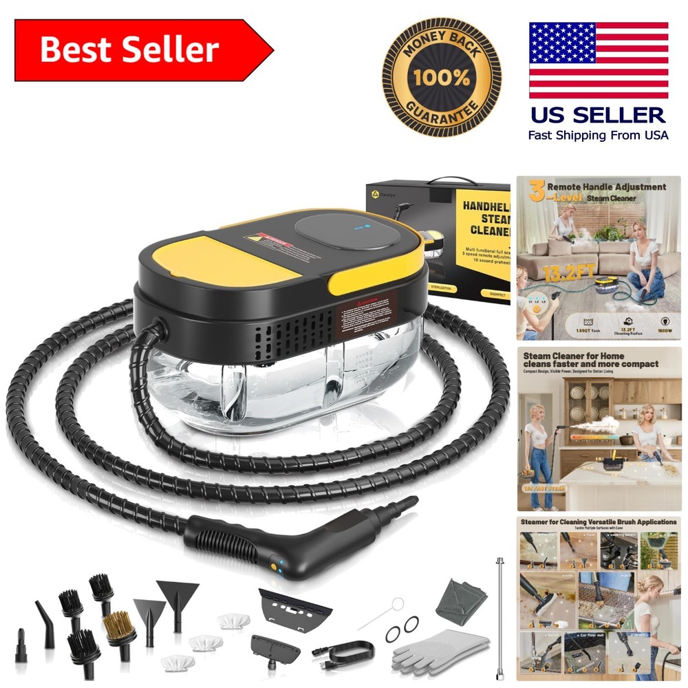 Portable Handheld Steam Cleaner with 15 Accessories - 3 Level Adjustable Handle