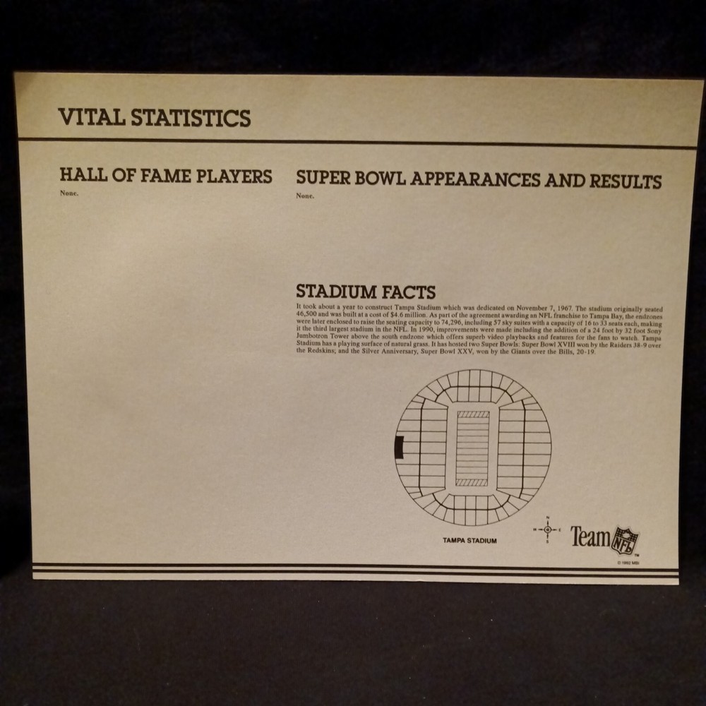 WILLABEE & WARD BUCCANEERS TEAM EMBLEM PATCH VITAL STATISTICS SHEET
