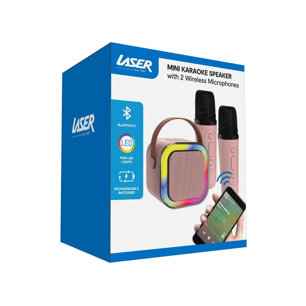 Laser Mini Karaoke Speaker 2 Wireless Mics Bluetooth Pink