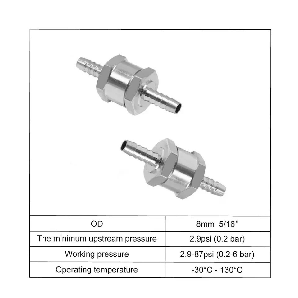 2 Pcs 8mm 5/16" Fuel Non-Return One Way Check Valve Petrol Diesel Oil Aluminum
