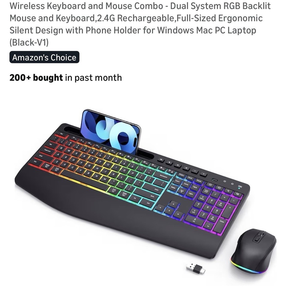 Wireless Keyboard & Mouse Combo RGB Backlit Rechargeable Full Size