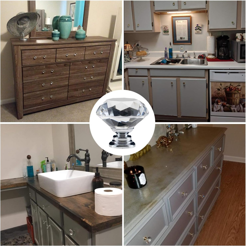 12 Pack Drawer Knobs Diamond Shaped Crystal Glass 30mm Cabinet Knobs Pull Handle