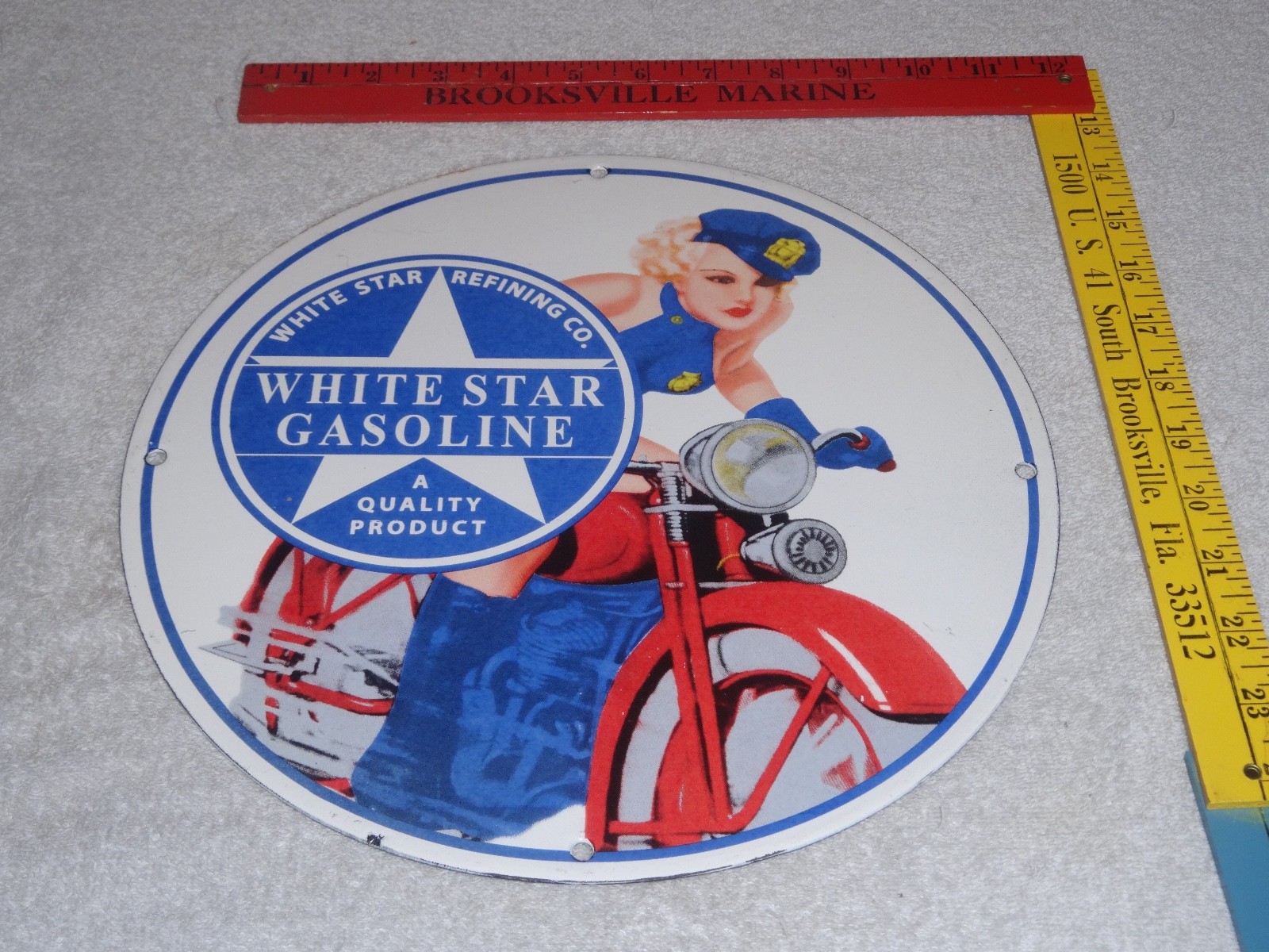 VINTAGE WHITE STAR GASOLINE "WOMAN ON MOTORCYCLE" 12" PORCELAIN METAL MOBIL SIGN