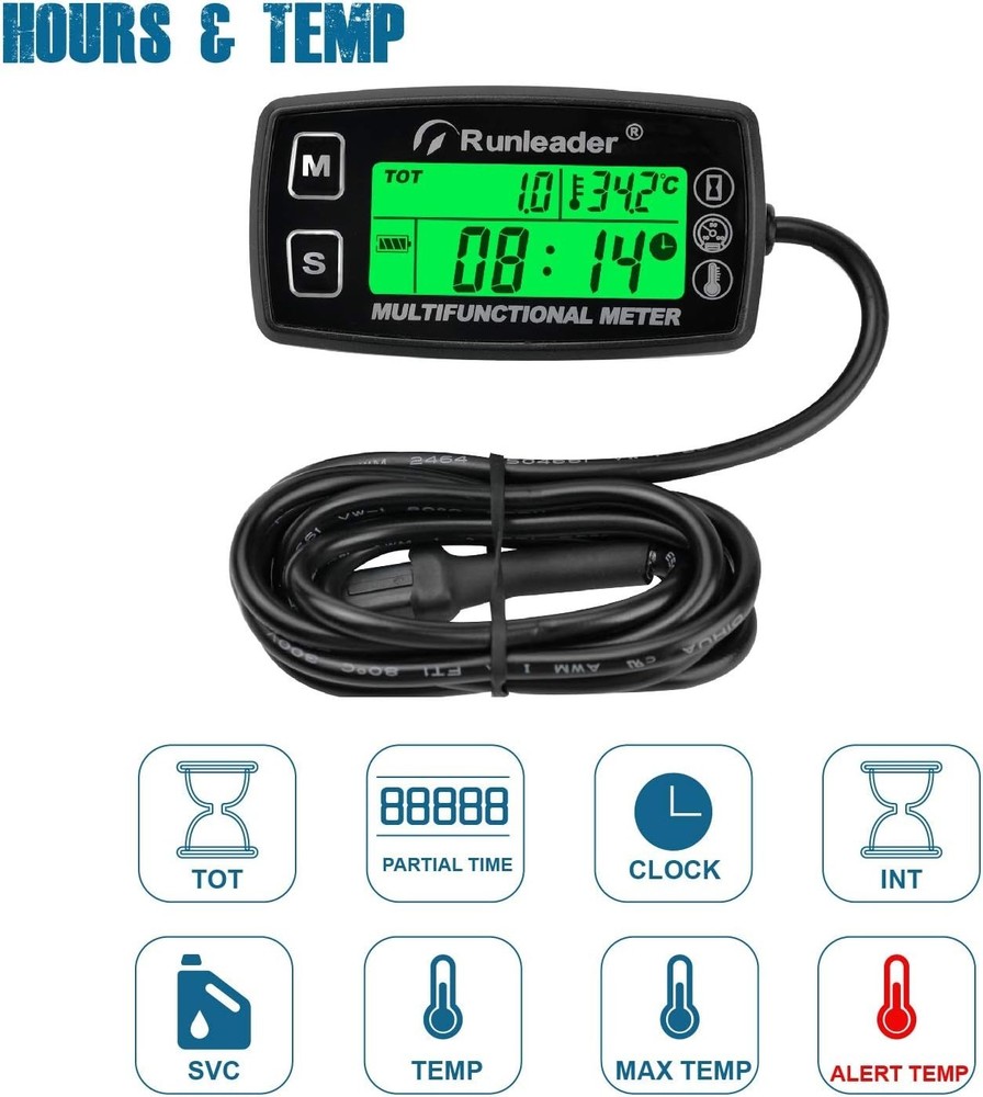 Digital Engine Tachometer, Temp Alert & Hour Meter for Garden & Utility Use