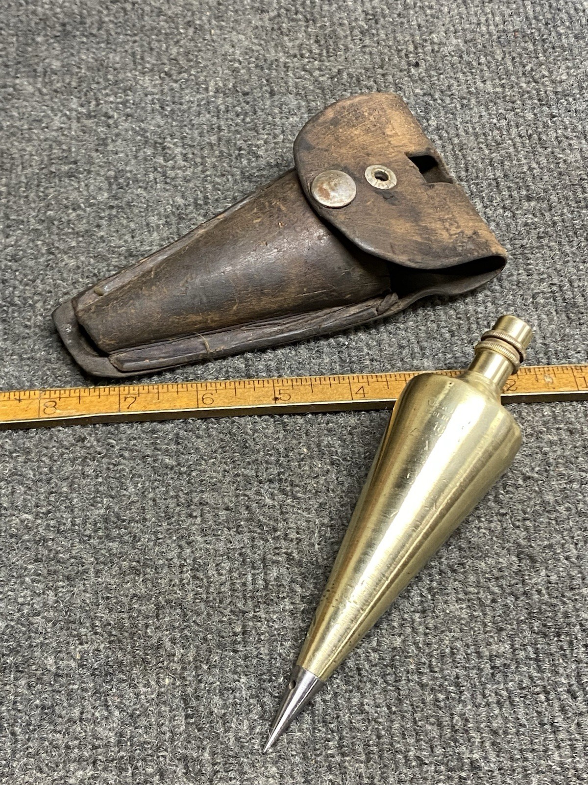 Vintage Bell System 18 Oz Brass Plumb Bob With Leather Sheath And Steel Tip USA