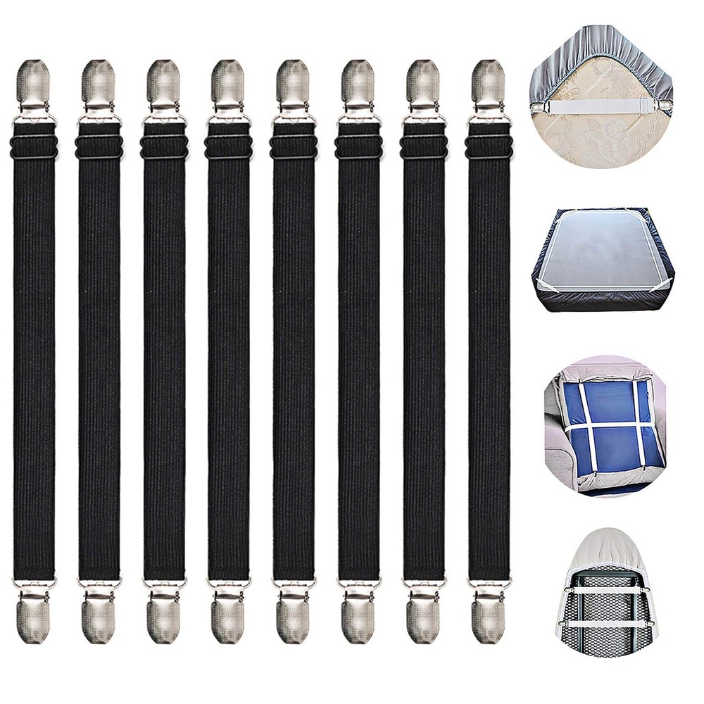 Adjustable Bed Sheet Straps Suspenders Elastic Short type 8 pcs -2 set, Black