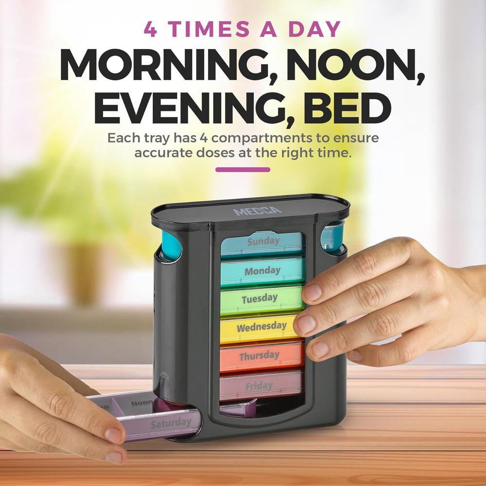 Stackable Daily Pill Organizer - (4 Times a Day) Weekly Medication Reminder - Pr