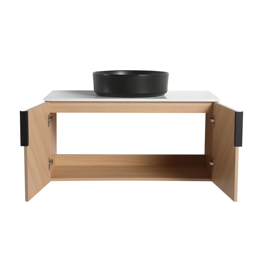 36" Wood Wall-Mounted Bathroom Vanity +Black Ceramic Sink Artificial Stone Slab