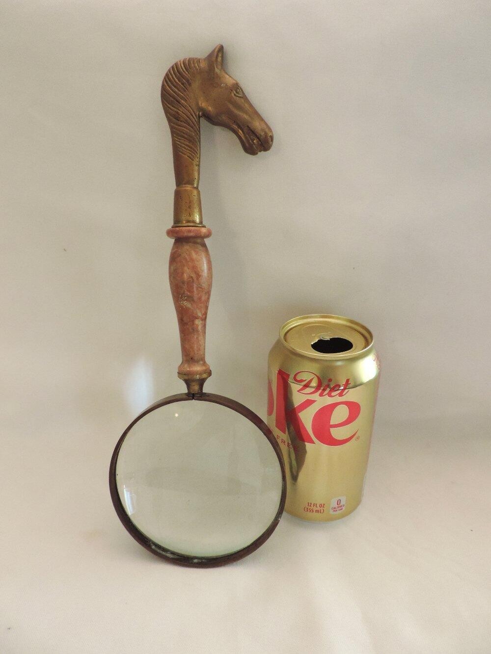 Large Vintage Brass Horse Head Stone Handled Desk Magnifying Glass 11"