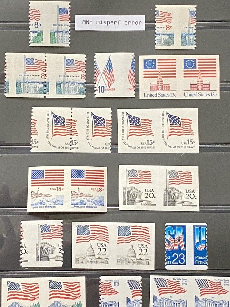 US POSTAGE MINT ERROR STAMPS-PATRIOTIC FLAGS-MISPERFS & MISSING PERF PAIRS-MNH