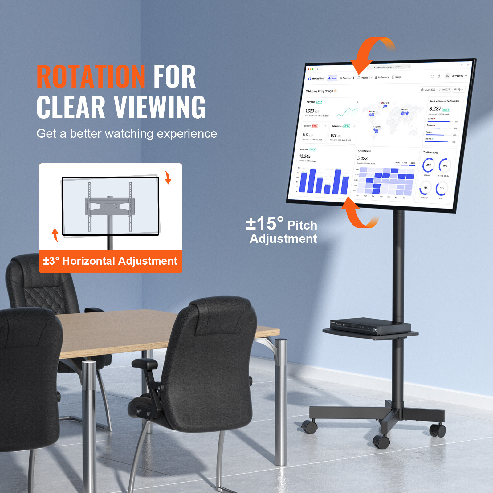 VEVOR Mobile TV Stand Mobile TV Cart for 23"-60" TVs with Wheels & A Tray