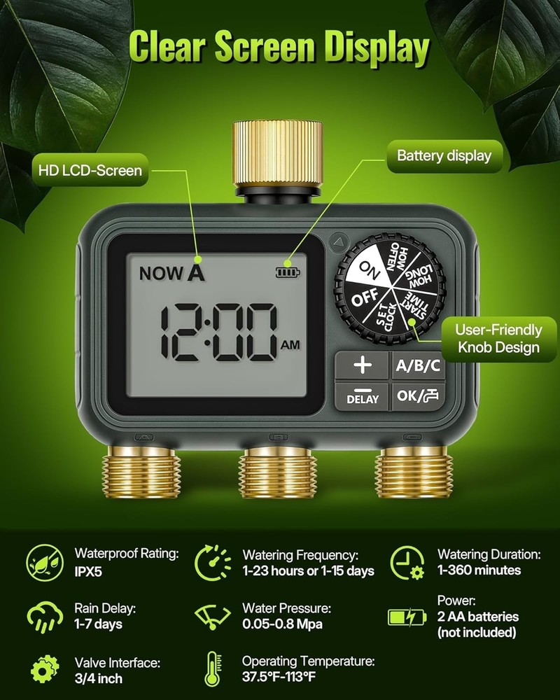 Brass 3 Outlet Programmable Garden Hose Timer Watering System Yard Lawn