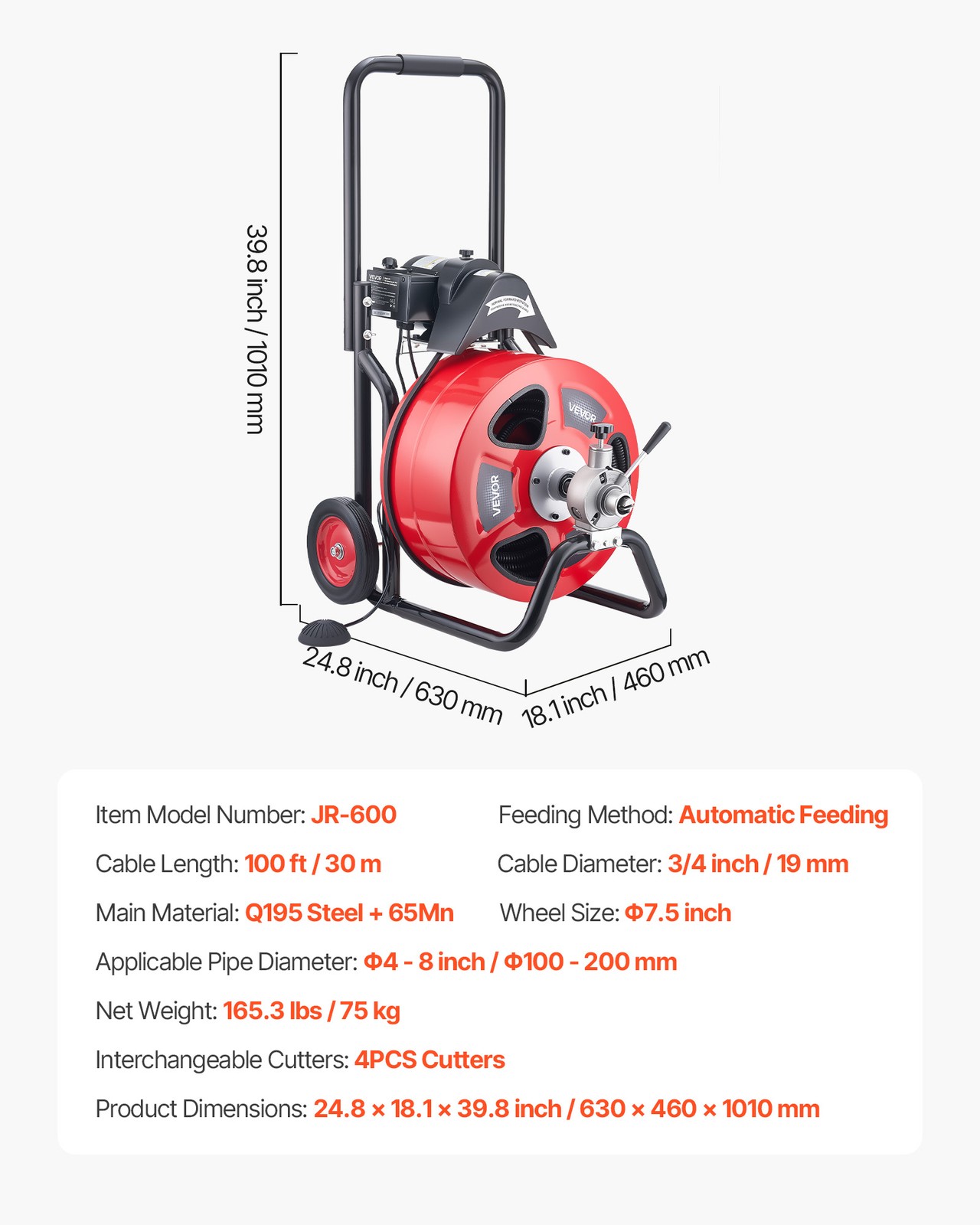 VEVOR Drain Cleaner Machine Electric Drain Auger 100 FT x 3/4 In Auto Feed