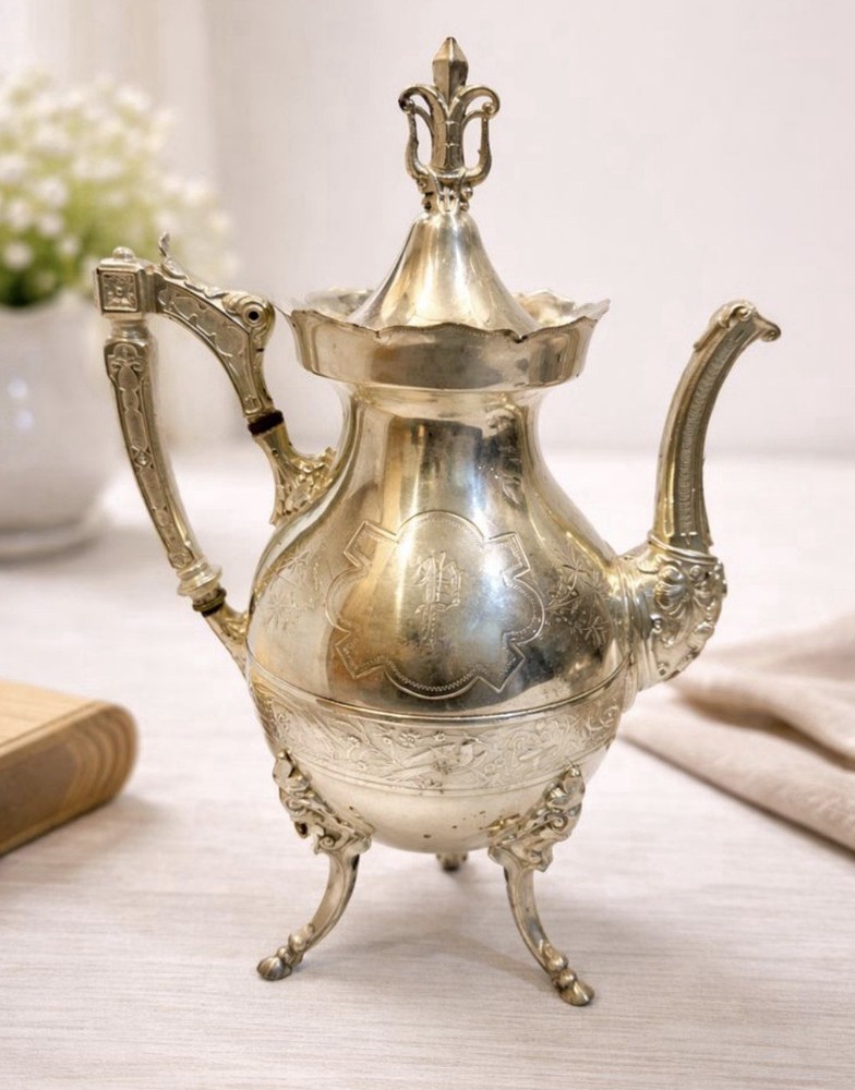 Antique English Silverplate Tea Pot EP Victorian Footed Engraved
