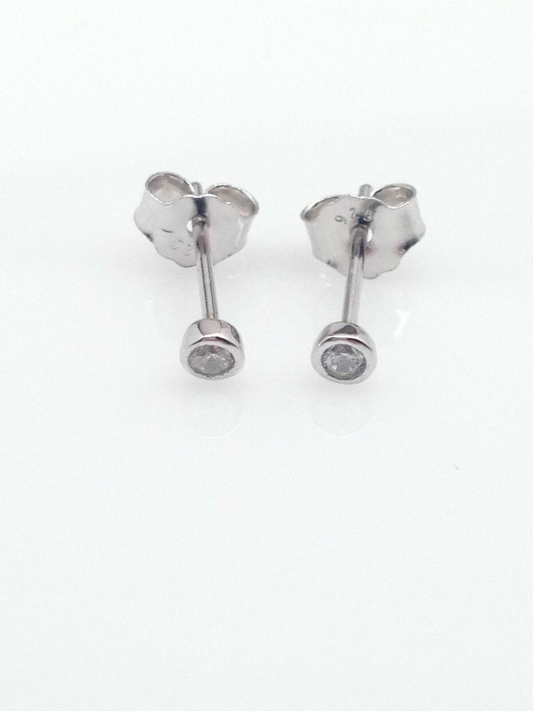 Silver Plated Tiny Bezel Cz Solitaire Stud Earrings 2mm Lab-Created A37