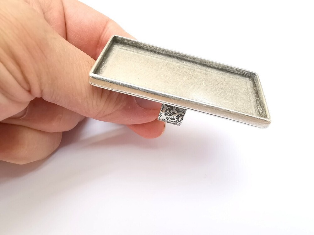Large Rectangle Ring Blank Settings Cabochon Mounting, Adjustable Antique Silver