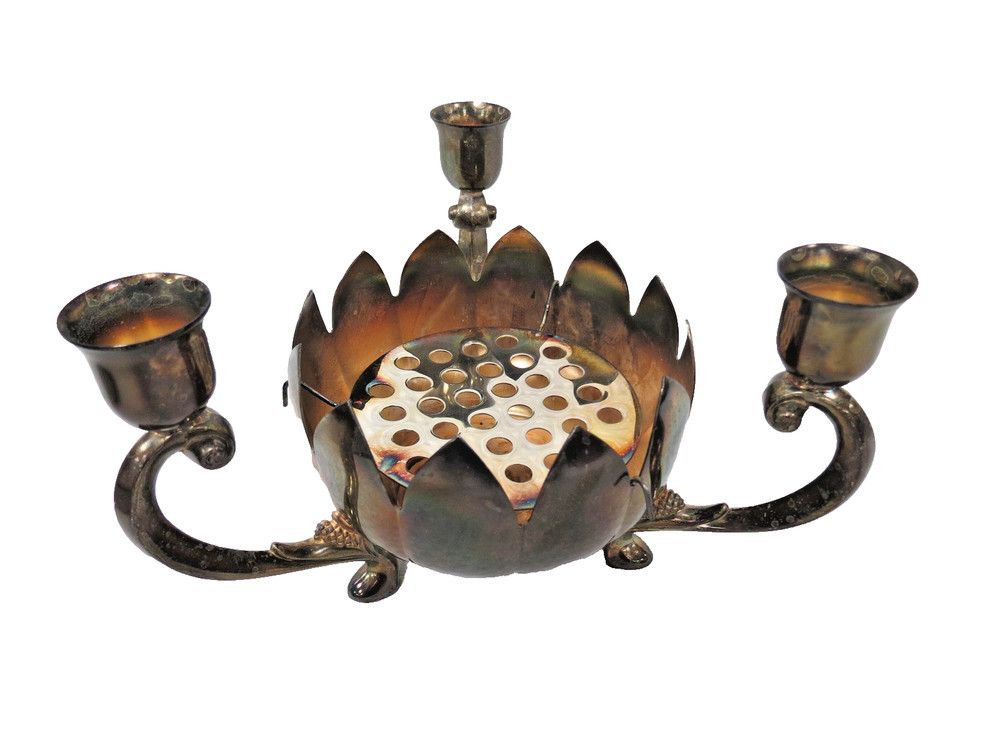 Leonard Silverplate Lotus Centerpiece Candle Holder Removable Flower Frog 3 Arm