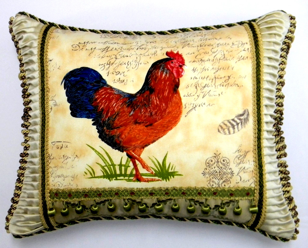 French Script & Rooster, Designer accent Pillow W/ insert