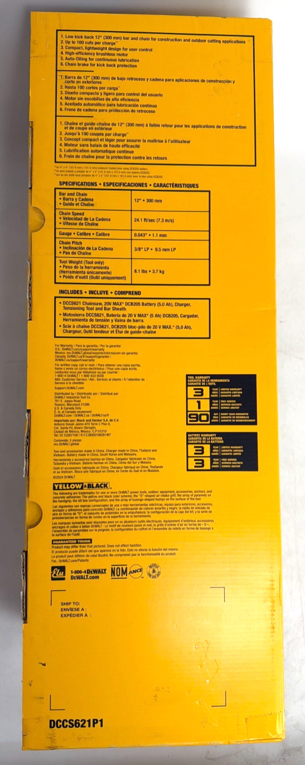 [NEW] (DCCS621P1) DEWALT 20V MAX* 12 in. Compact Brushless Cordless Chainsaw Kit
