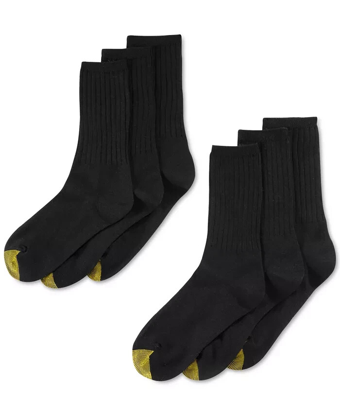 6 Pairs Gold Toe Casuals Women's Ribbed Crew Mid-Calf Socks Black Size 6-9