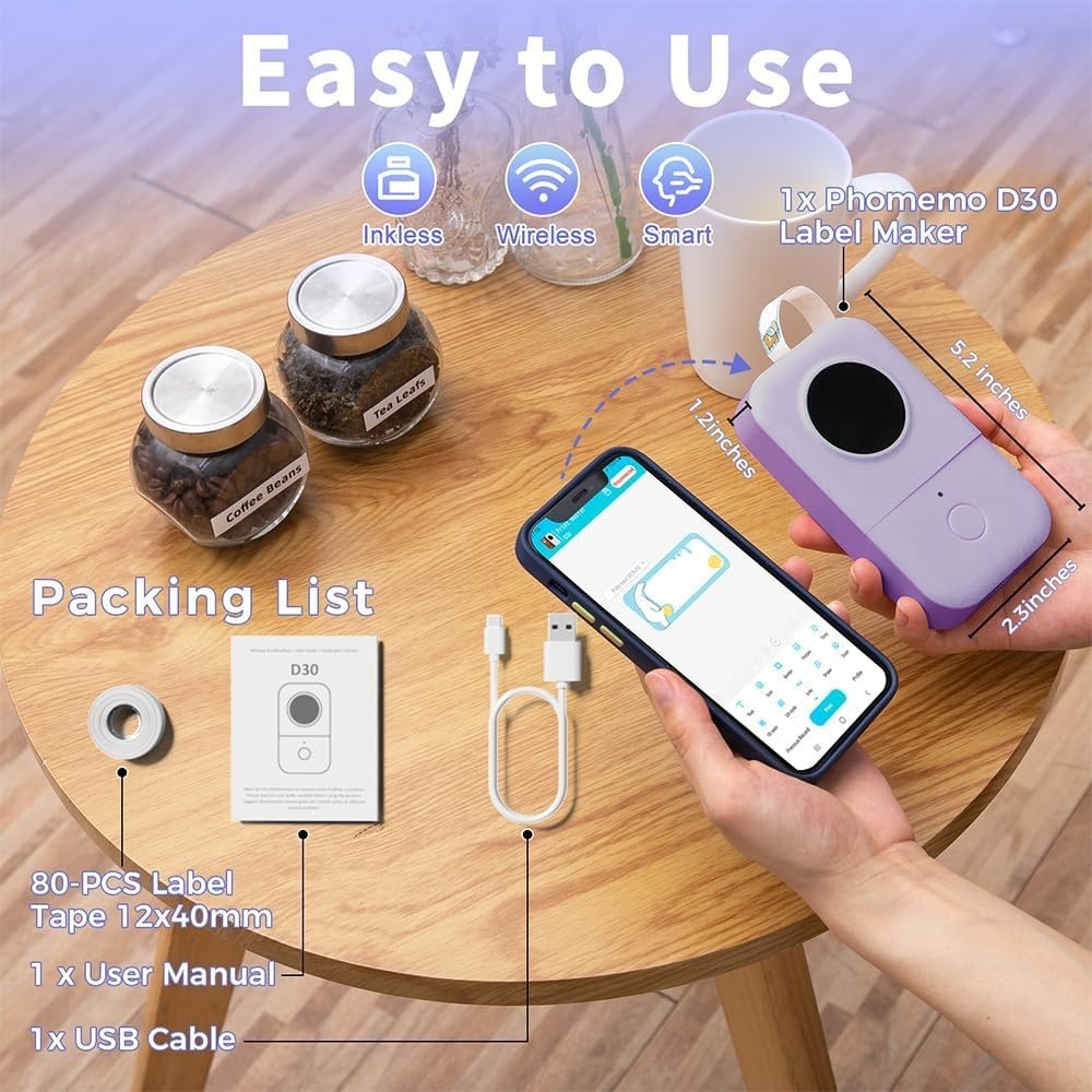 Portable Mini Thermal Label Printer with Bluetooth and Rechargeable Battery