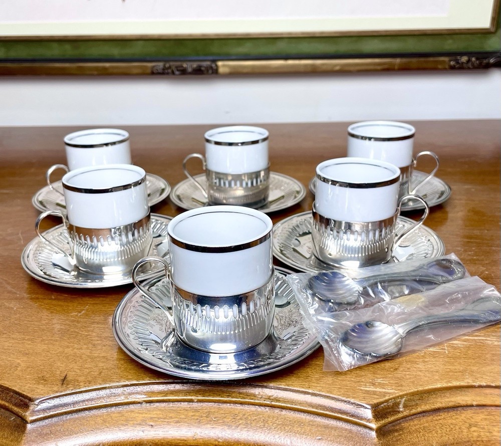 Porcelain Veracruz Cups & Bellini Silver Plated Demitasse Holders Saucers Spoons
